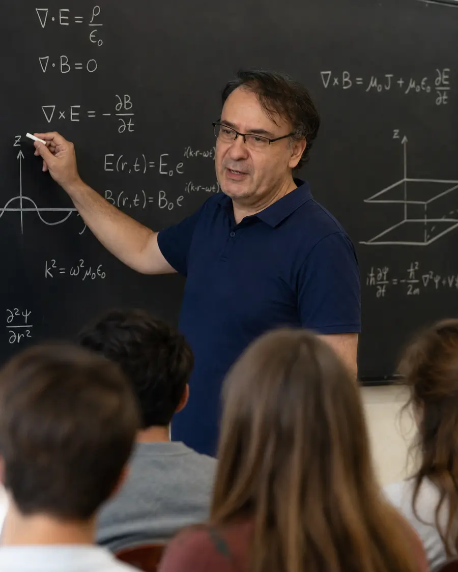 Juan Diego Vélez explicando las ecuaciones de Maxwell en el tablero