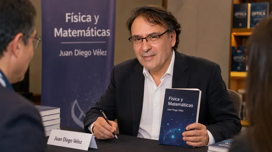 Juan Diego Vélez firmando ejemplares de Física y Matemáticas